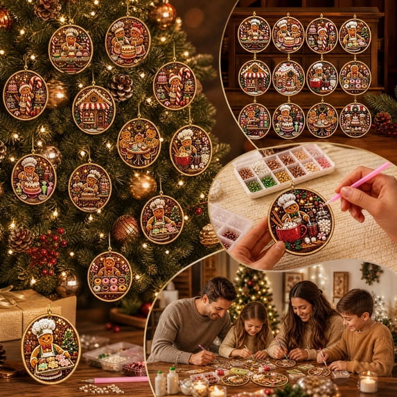 12Pack Christmas Gingerbread Diamond Art Kits for Adults, Wooden Ornaments for Christmas Tree