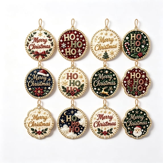 12Pack Christmas Text Theme Diamond Art Kits for Adults, Wooden Ornaments for Christmas Tree