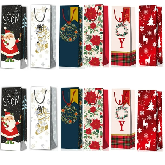 12Pack Christmas Wine Gift Bags,4.7"×14"×3.5" Paper Christmas Wine Bags for Wine Bottles Gifts, Holiday Wine Bottle Gift Bags with handle for Xmas Party, Drinkers Gift Presents