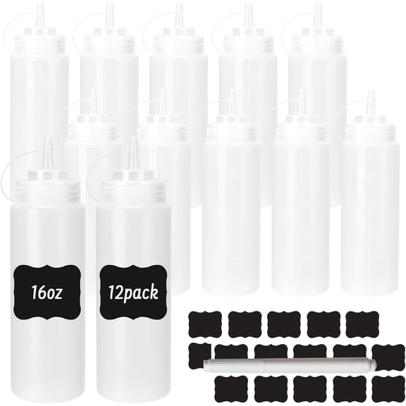 12Pack Condiment Squeeze Bottles 8oz - Food Grade Sauce Dispensers for Ketchup, Olive Oil, BBQ, Salad Dressing - Leakproof Squeeze Bottles with Vented Design, Clear & Durable