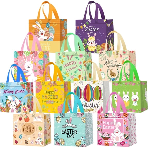 12Pack Easter Bags with Handles for Kids, Bunny Carrot Chick Easter Egg Hunt Bags, Non-Woven Easter Baskets for Gifts Wrapping, Easter Egg Hunt, Easter Party Favors, 8.3×7.9×5.9inch