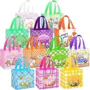 12Pack Easter Egg Hunt Bags, 8.3×7.9×6 inch Easter Bags Bulk, Non-Woven Easter Gift Bags, 12 Unique Patterns Easter Baskets for Kids