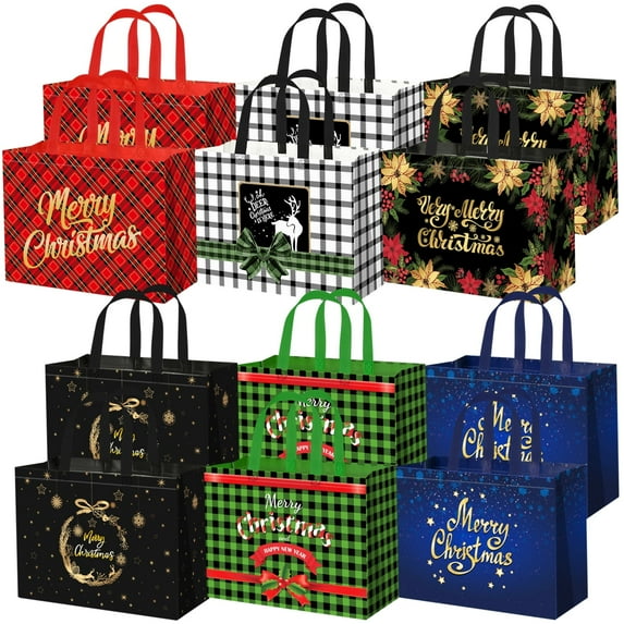 12Pack Extra Large Christmas Gift Bags, 16.5"×12.6"×7.1" Reusable Non-Woven Christmas Tote Bags with Handles, Multifunctional Christmas Bags for Gifts, Xmas's Party Supplies, New Year, Shopping