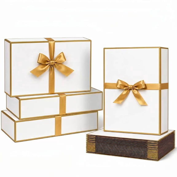 12 Pack Large Shirt Boxes with Lids, 16.9 x 11 x 3.9 in White Gift Boxes with Gold Ribbon for Clothing, Sweaters, Robes, Bridesmaid, Wedding, Birthday, Christmas