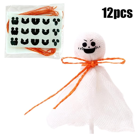 12Pack Halloween Candy Decor Kit, Ghost Wrappers, DIY Ghosts with Gauze Fabric, Orange Twine & Spooky Face Stickers, Halloween Candy Making Decorations