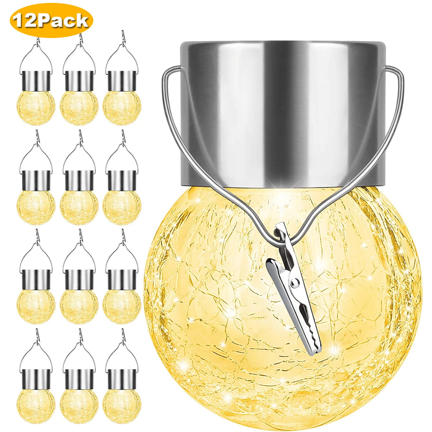 12Pack Hanging Outdoor Solar Lights Decorative Cracked Glass LED Ball