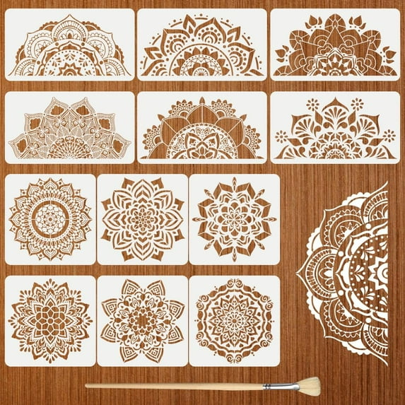 12Pack Large Mandala Stencils for Painting on Wood 18x10 in and 12x 12 in Damask Floral Texture Stencil with Brushes Drawing Templates for Floor Furniture Tile Fabric Black