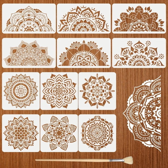 12Pack Large Mandala Stencils for Painting on Wood 18x10 in and 12x 12 in Damask Stencils for Walls Reusable Floral Texture Stencil with Brushes Drawing Templates for Floor Furniture Tile Fabric