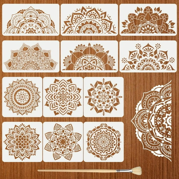 12Pack Large Mandala Stencils for Painting on Wood 18x10 in and 12x 12 in Damask Stencils for Walls Reusable Texture Stencil with Brushes Drawing Templates for Floor Furniture Tile Fabric Black