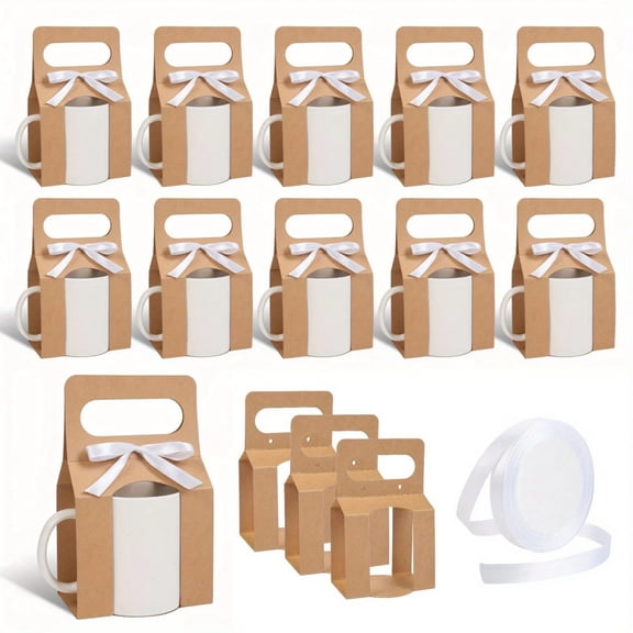 12Pack Mug Boxes with 1 Roll Ribbon for Gifts, 11-12oz Sublimation Mugs Gift Packaging Box with Handle Design, Sublimation Mugs