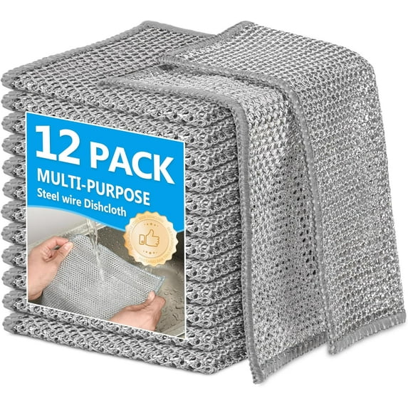 12Pack Multipurpose Wire Dishwashing Rags, Upgrade Non Scratch Wire , Silver Mesh Dish Cloths, Reusable Metal Mesh Cleaning Cloths, Steel Scrub Rags for Kitchen/Stove/Oven/Bath