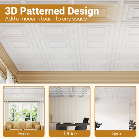12Pack PVC Drop Ceiling Tiles Waterproof 3D Textured Panels 24In Square Home Office Gym Kitchen Bathroom Basement DIY Friendly Glue Up T Bar Grid Easy Cut Paint Ready Lightweight White Material Units