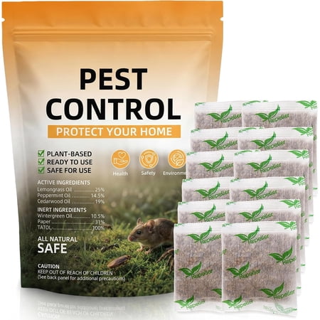 12Pack Pest Control Pouches, Natural Peppermint Oil Repellent for Mice, Rats, Ants & Cockroaches, Long-Lasting Deterrent Moths & Spiders for Home, Car & RV