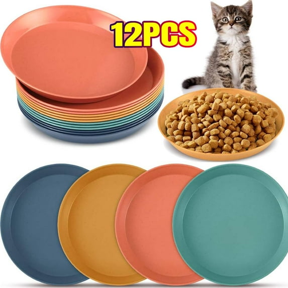 12Pack Plastic Plates, Cat Bow, Reusable 6 Inch Unbreakable Deep Plates Eco-Friendly for Kittens and Short Legged Kitten, Wheat Straw