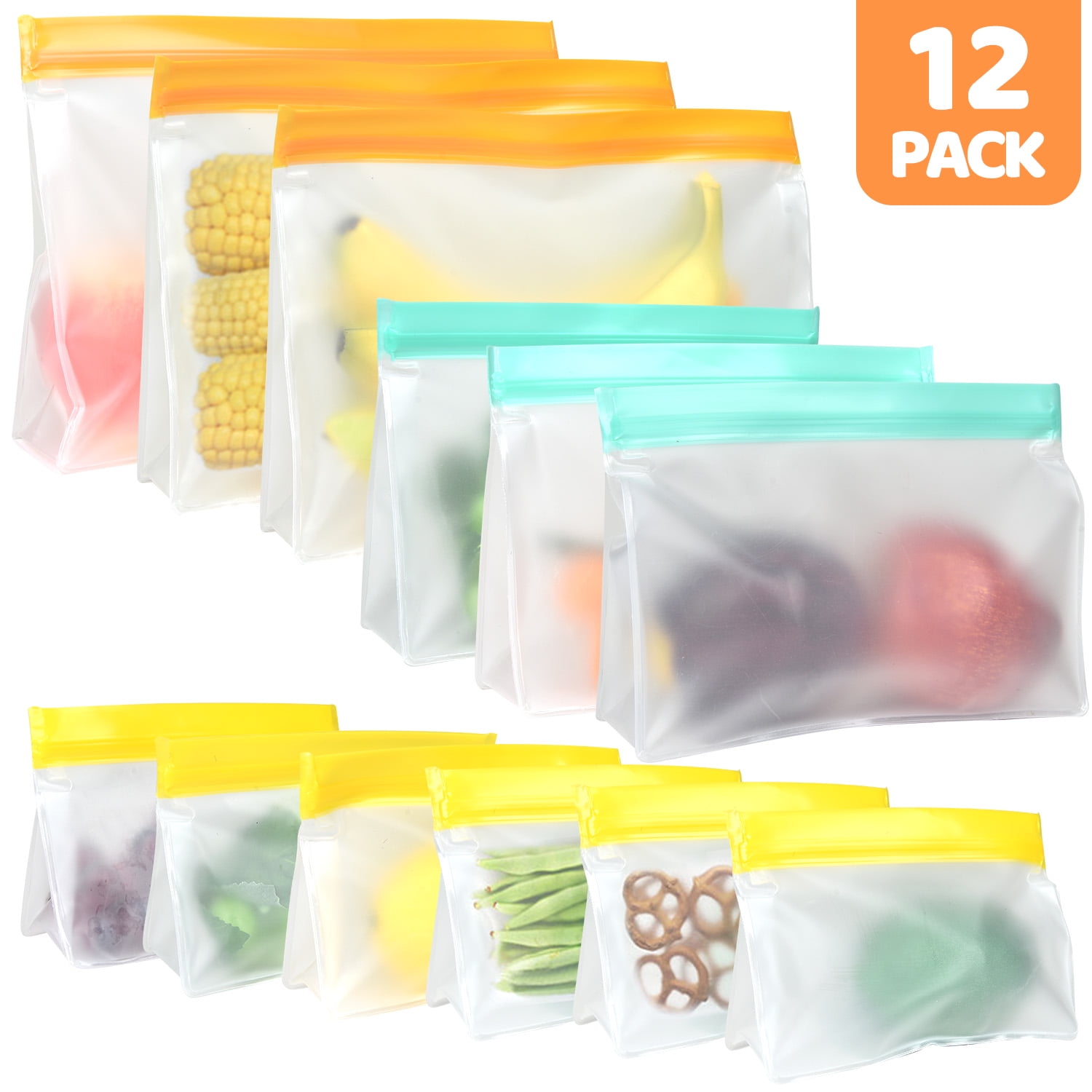 12Pack Reusable Storage Bags, Stand Up Reusable Freezer Bags