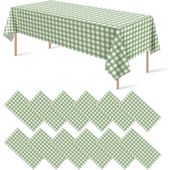 12Pack Sage Green Plastic Checkered Tablecloth, Premium Decorative Disposable Sage Green Gingham Plaid Table Cloths for Parties, Rectangle Party Table Cover for Picnic Birthday Wedding, 54x108 Inch