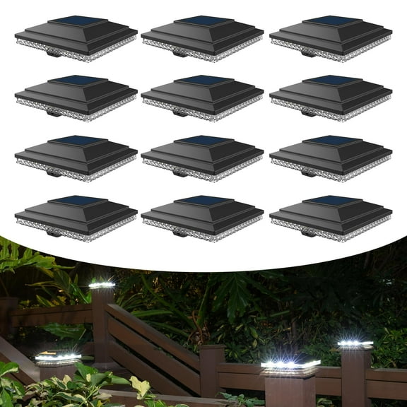 12Pack Solar Post Cap Lights for Outdoor Decks & Fences 20Lumens Dual Mode (Warm White/Bright White) Powerful Lithium Battery Fits 4x4 & 5x5 Wooden/Vinyl Posts (Black)