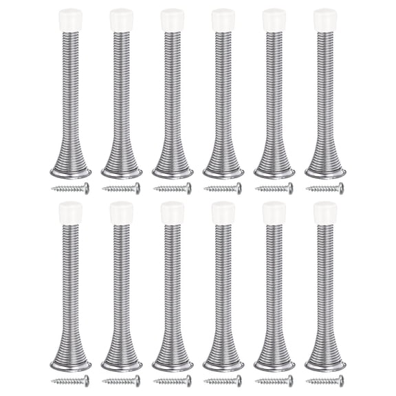 12Pack Spring Door Stopper, 3-3/4" Flexible Door Stop with Rubber Bumper & Screws (Steel, Nickel)