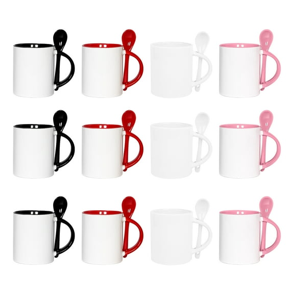 12Pack Sublimation Coffee Mug Blanks, Tazas Para Sublimacion, 11oz Ceramic Mug with Spoon, Set of 12 Sublimation Blank with Box Bulk Coffee Mugs Coffee Cups, 4 Assorted Colors