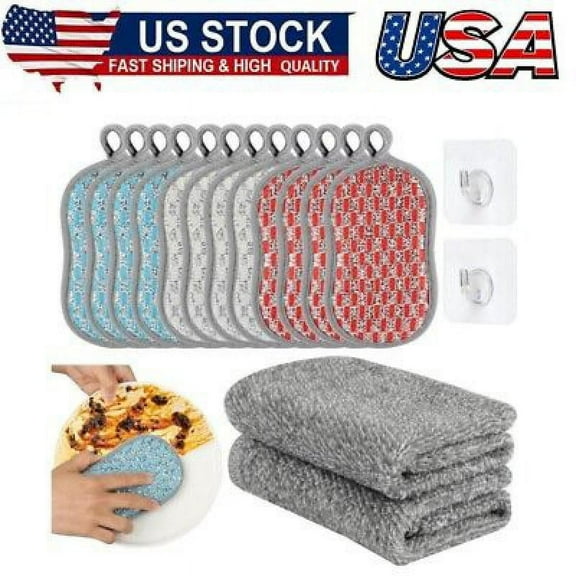 12Pack  Washable Cleaning Sponge Microfibre Sponges Kitchen with 2Kitchen Towels