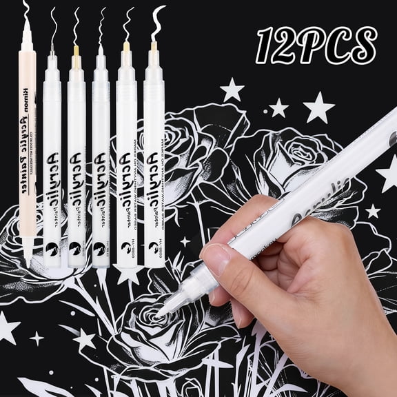 12Pack White Acrylic Marker, 6 Sizes Permanent White Pin Waterproof Acrylic Quick-drying Acrylic Markers Pins with Fineliner Brush Pen Calligraphy Pen for Black Paper Wood Glass