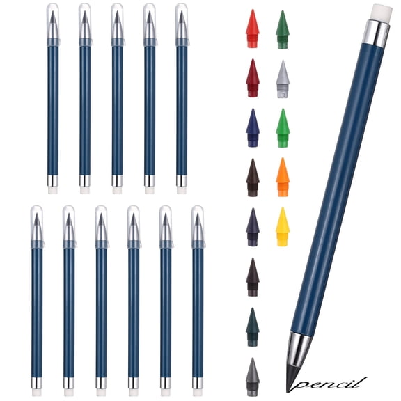 12Packs Infinite Inkless Pencils with Erasers & 13 Colored Replaceable Nibs, Reusable Magic Metal Eternal Pencils for Writing, Drawing, Home & Office Use (Blue)