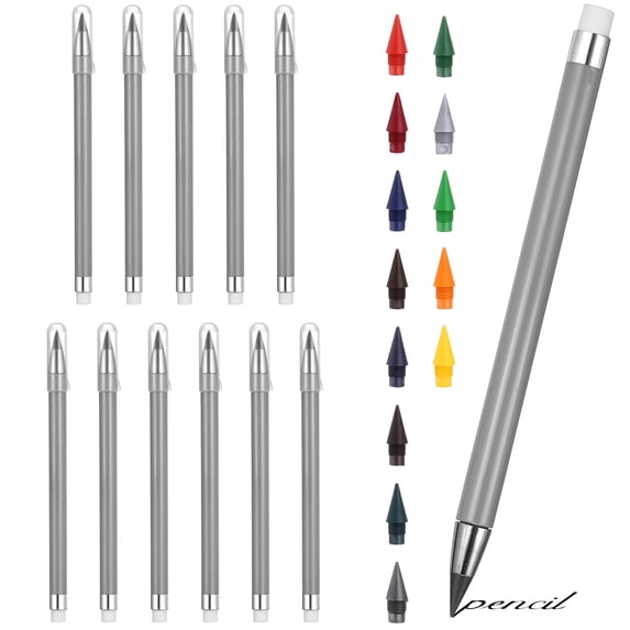 12Packs Infinite Inkless Pencils with Erasers & 13 Colored Replaceable Nibs, Reusable Magic Metal Eternal Pencils for Writing, Drawing, Home & Office Use (Gray)