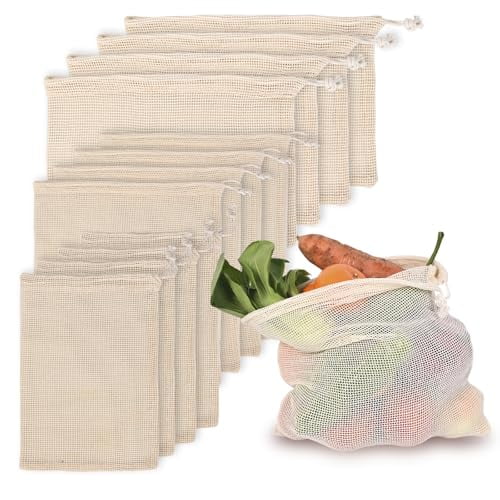 12Packs Reusable Produce Bags Reusable Washable - Vegetable Grocery Cotton Mesh Bags for Farmers Market,Beach,and Refrigerator Storage Vegetables 4xS,4xM,4xL