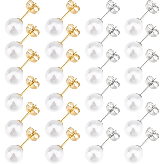 12Pair 2 Colors Shell Pearl Ball Stud Earrings Round Ball Ear Studs Simulated Pearl Earrings Stainless Steel Studs with Butterfly Ear Back for Women Valentine Christmas Gift Pin: 0.6mm