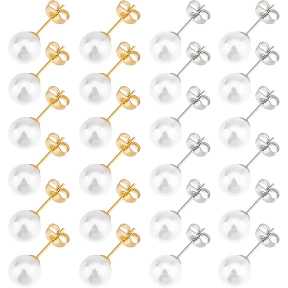 12Pair 2 Colors Shell Pearl Ball Stud Earrings Round Ball Ear Studs Simulated Pearl Earrings Stainless Steel Studs with Butterfly Ear Back for Women Valentine Christmas Gift Pin: 0.6mm