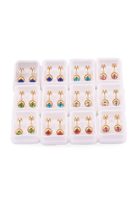 12Pair 304 Stainless Steel Earlobe Plugs Screw Back Earrings with Rhinestone Rondelle Golden Mixed Color 13.5mm Pin: 1mm