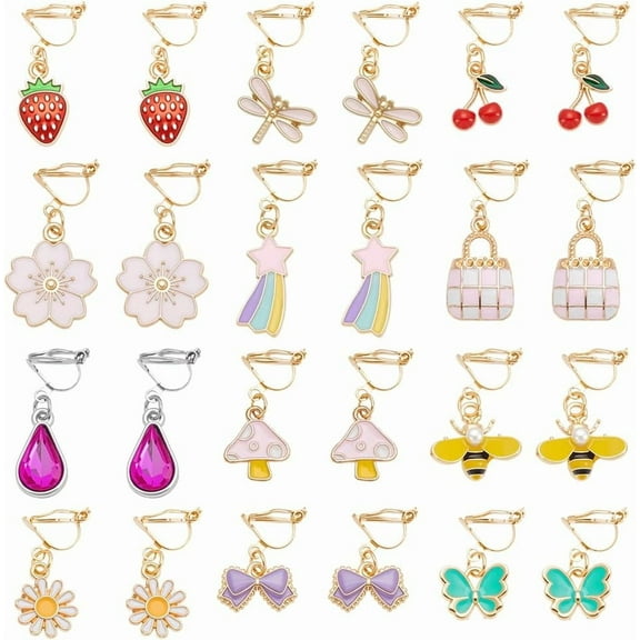 12Pair Colorful 304 Stainless Steel Clip-on Earring Earrings Summer Theme Ears Flower Butterfly Clip-on Earring Enamel Dangle Earrings