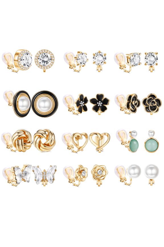 12Pair Comfortable Clip on Earrings for Women Sparklrd Crystal Clip Earrings CZ Cute Butterfly Flower Pearl Clip on Stud Earrings Non Piercing Jewelry