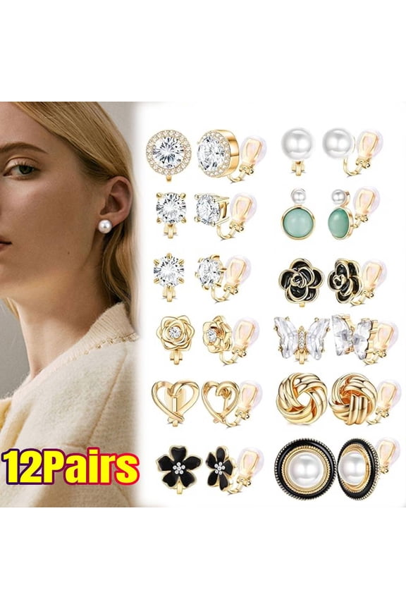 12Pairs Earrings, Comfortable Clip on Earrings for Women Sparklrd Crystal Clip Earrings CZ Cute Butterfly Pearl Clip on Stud Earrings Non Piercing