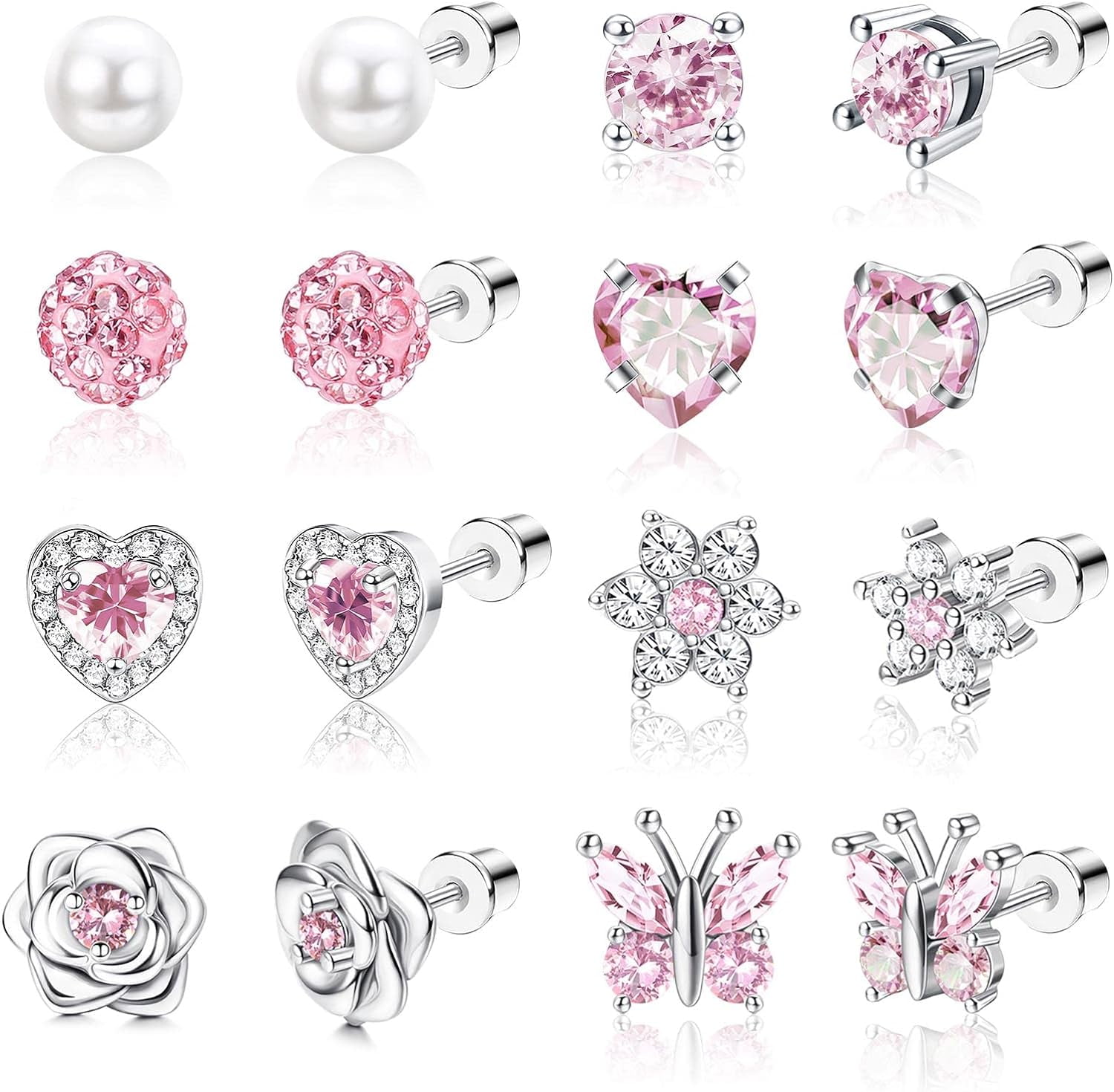 HZHUAFULTD 12Pairs Hypoallergenic Screw Back Earrings for Girls Women 316L Stainless Steel Cute CZ Butterfly Heart Flower Pearl Screwback Stud Earrings Set for Teen Girls Multicolored Pink Tone Pink Tone