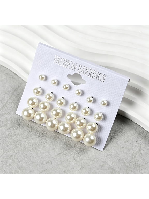 12Pairs Simulated Pearl Stud Earrings Multi Size White Round Pearl Ear Studs Minimalist Classic Ear Jewelry