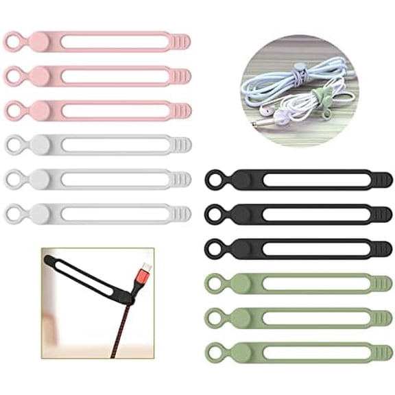 [12Park] Silicone Cable Ties, Reusable Cable Management Organizer, Cord Tie,Multipurpose Elastic Cord Organizer for Bundling and Fastening Cable Cords Wires(black,white,pink,green)