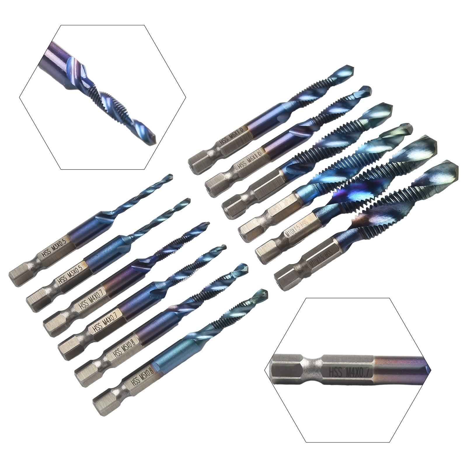12Pc 1/4\" Hss Hex Shank Titanium Plated Screw Thread Drill Bits Set M3 - M10