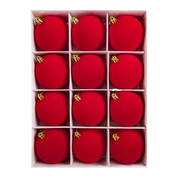 12Pc 2.4 Inch Flocked Velvet Christmas Balls,Plastic Hanging Ornaments With Metal Buckle Rope, For Xmas Halloween Home Party Tree Decor Red