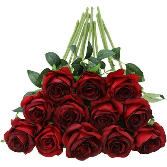 12Pc Artificial Roses 12 Roses Artificial Flowers Plastic For Living Room Dining Table Red