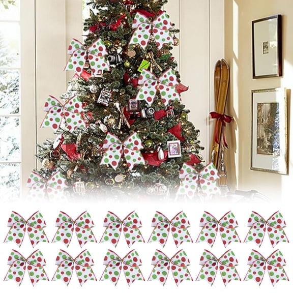 12Pc Clearance Under $5 Christmas Bows Christmas Bow Cloth For Gift Using White Red Dot Bows 12 White Dot-Red Bow Decorations (F)