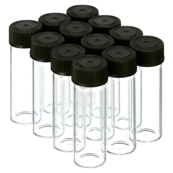 12 Pack Leak-Proof Glass Vials with Black Caps 6ml, 1-3/8" Tall, 9/16" Diameter