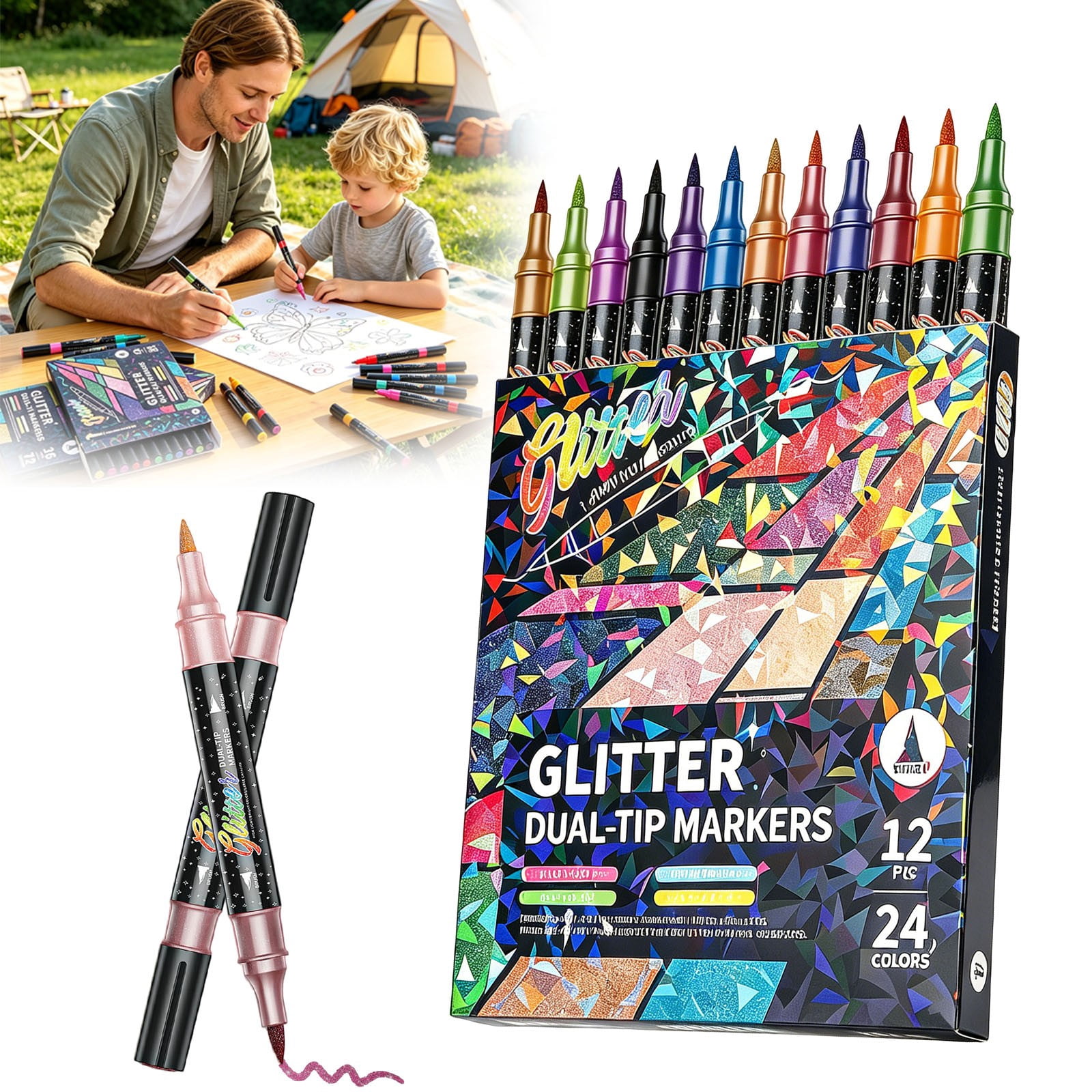 36Pc Glitter Dual Tip Markers, Double Sided Glitter Drawing Pens