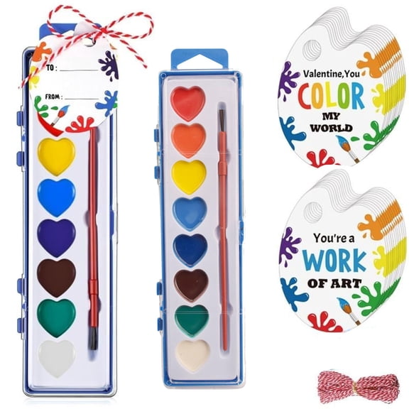 12Pc Heart-Shaped Watercolor Valentine Set, 8/16 Colors Valentine Watercolor Set, Valentine’s Day Mini Watercolor Paint Sets, for Classroom Exchange, School Favors, Art Activities, Painting