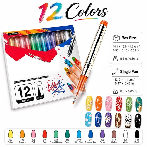 12Pc Liquid Nail Art Line Drawing Pen Kit, Extra Fine Point Pens for Precise Nail Detailing Work, Multi-Purpose Fine Tip Acrylic Paint Pens for Festival Nail Decoration, 24Ml