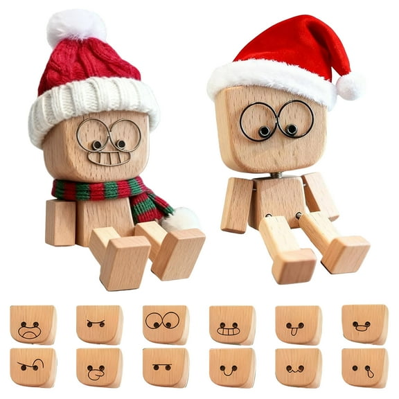 12Pc Magnetic Expressions Shaking Wooden Man Figurine,Little Wooden Figure That Sways,Handmade Shaking Feet Wood Doll Portable Handmade Car Dashboard Ornament Novelty Desktop Decor,Creative Gift