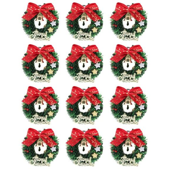 12Pc Mini Christmas Wreath Set 2.4 Inch, Five-Pointed Star Wreaths with Bells Bows Rattan Rings, Small Holiday Ornaments for Tree Door Wall Table Diy Craft Gift Decor, Lightweight , Garland X12
