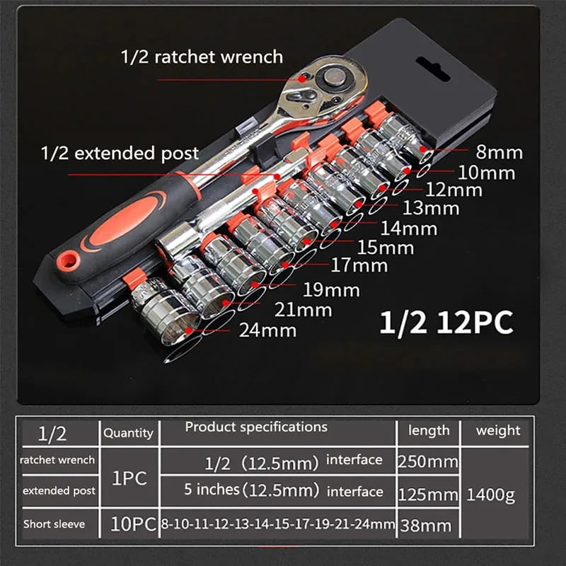 12Pcs 1/4 3/8 1/2 Socket Wrench Set Extension Rod Multi-function ...