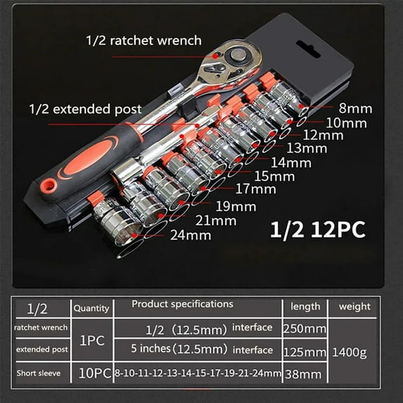 12Pcs 1/4 3/8 1/2 Socket Wrench Set Extension Rod Multi-function Ratchet Spanner Set Car Motorcycle Repair Automotive tools set (1/2)