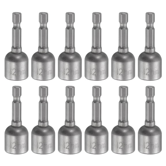 12Pcs 1/4 Hex Shank 12mm Magnetic Hex Socket 48mm Length, CR-V Steel Quick-Release Impact Driver Socket Wrench Screw